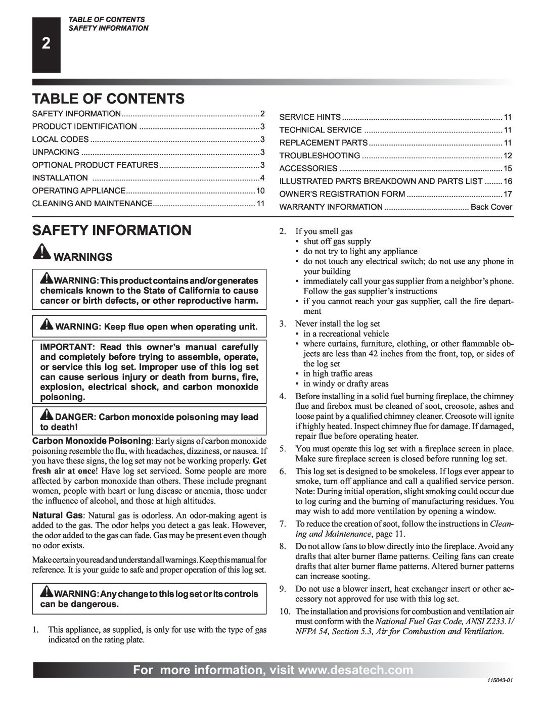 Desa RGA 2-72 Table Of Contents, Safety Information, Warnings, WARNING Keep ﬂue open when operating unit 