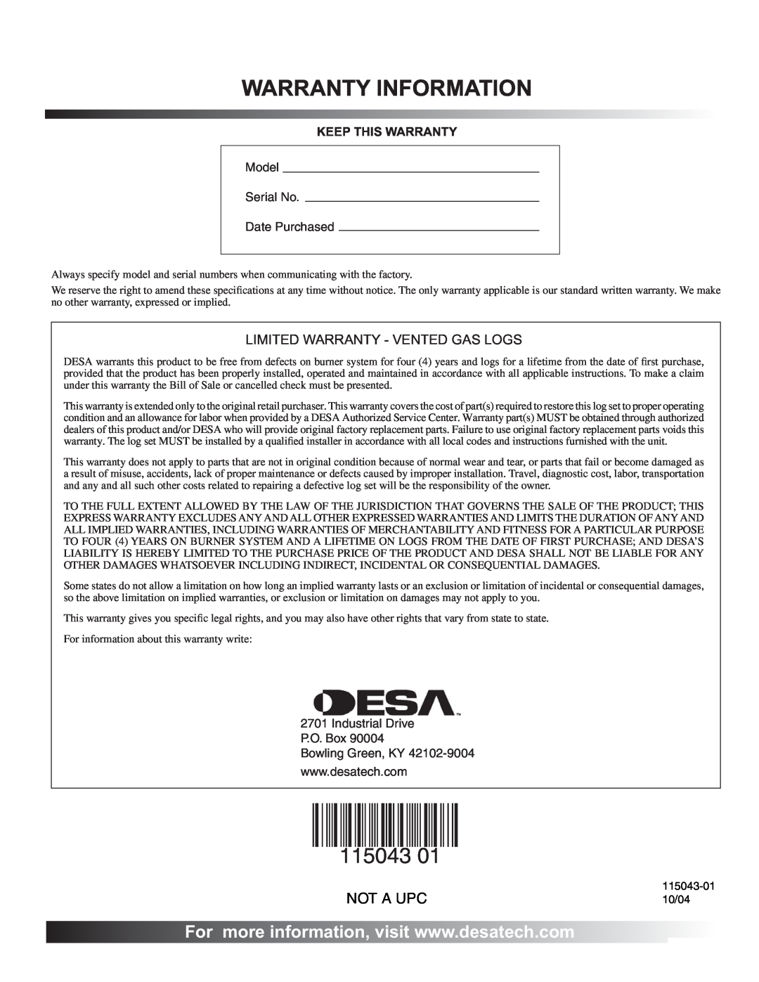 Desa RGA 2-72 Warranty Information, Not A Upc, 115043, Limited Warranty - Vented Gas Logs, Keep This Warranty 