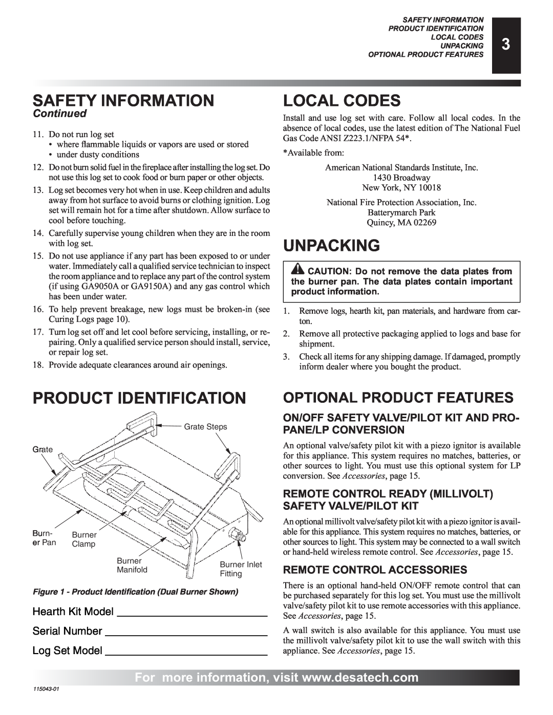 Desa RGA 2-72 Safety Information, Local Codes, Unpacking, Product Identification, Optional Product Features, Continued 