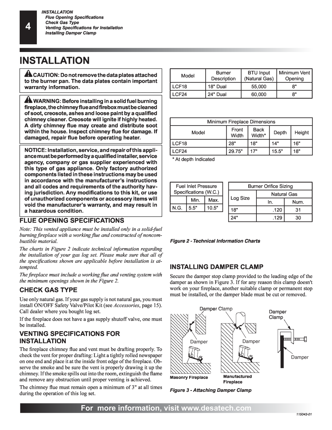Desa RGA 2-72 installation manual Flue Opening Specifications, Check Gas Type, Venting Specifications For Installation 