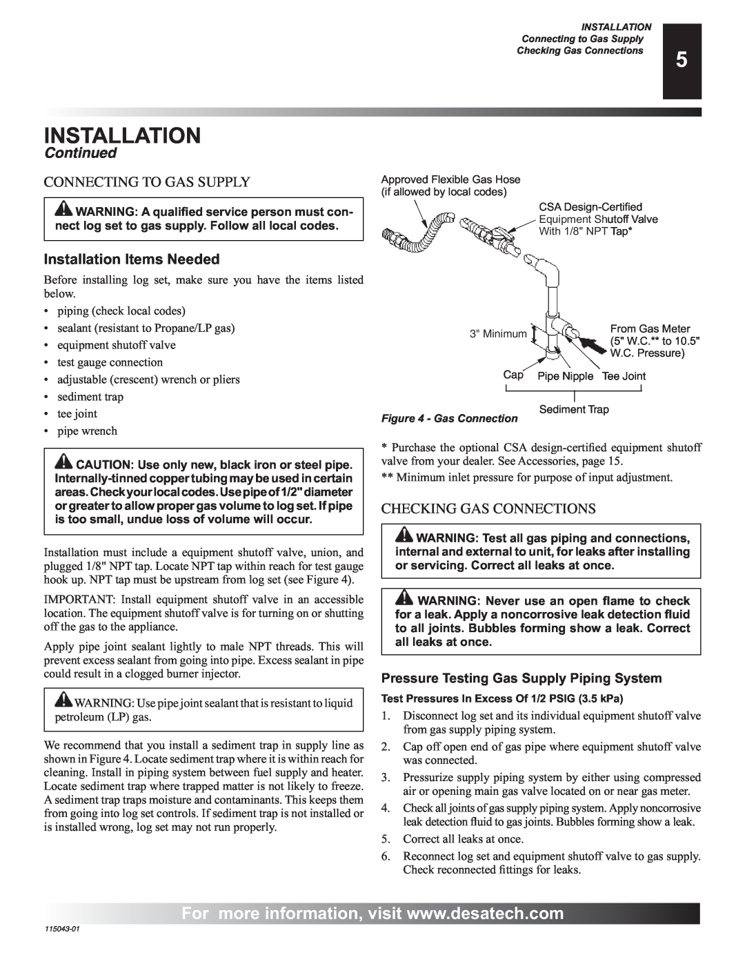 Desa RGA 2-72 installation manual Continued, Installation, Connecting To Gas Supply, Checking Gas Connections 