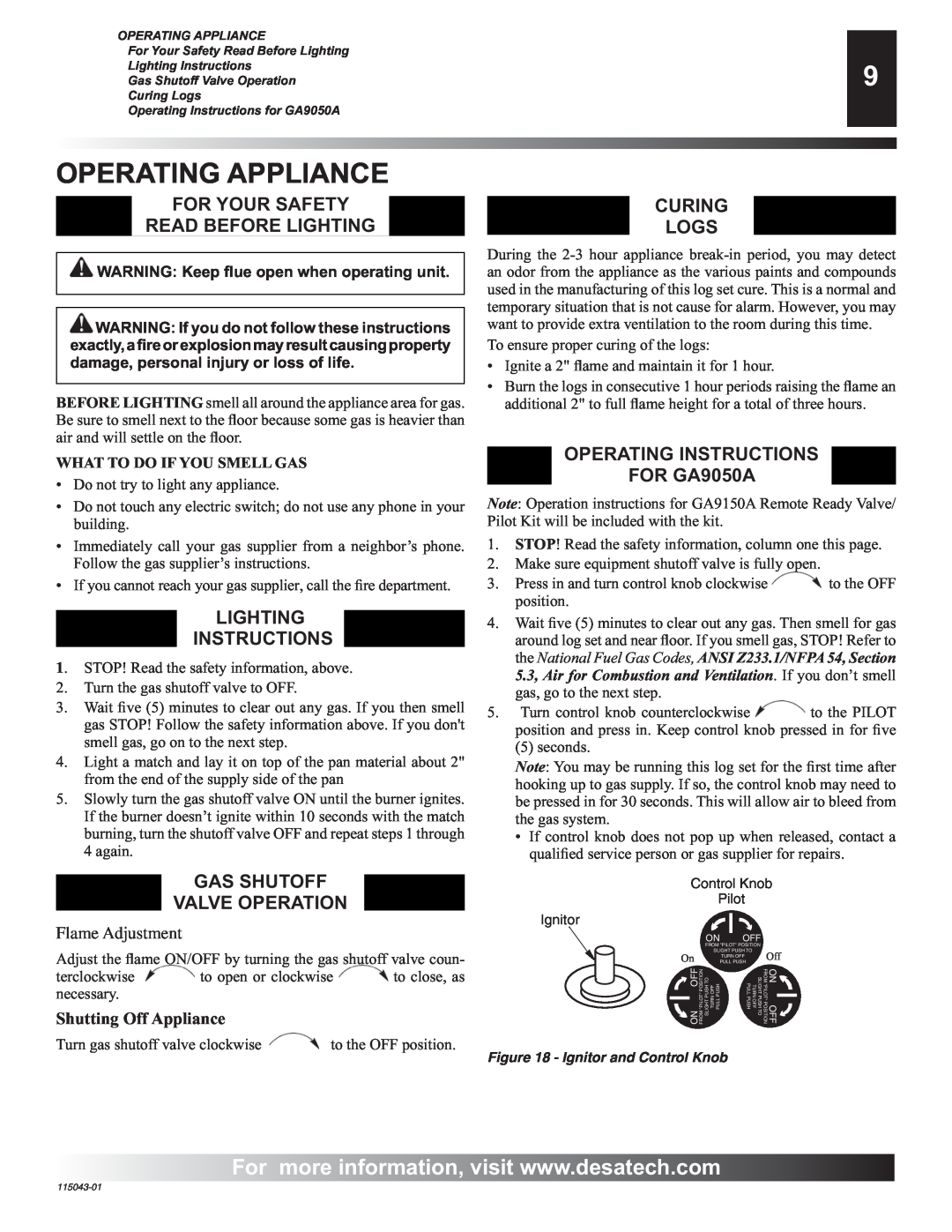 Desa RGA 2-72 Operating Appliance, Flame Adjustment, Shutting Off Appliance, WARNING Keep ﬂue open when operating unit 