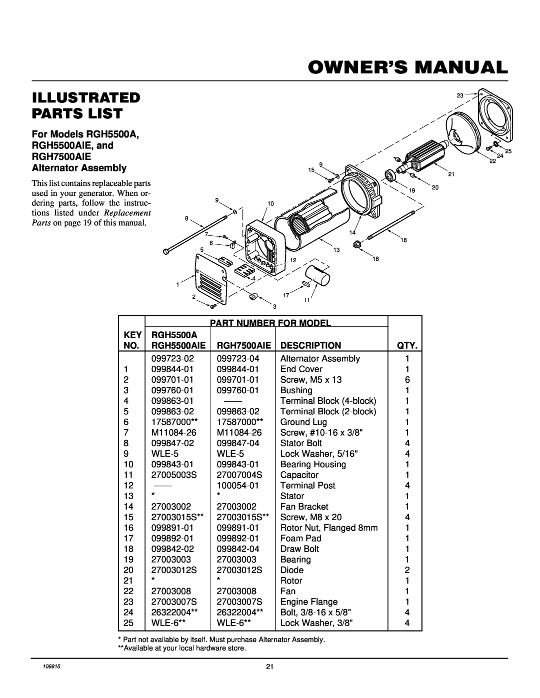 Desa Rgh3000, Rgh3000pr, Rgh5500a, Rgh5500aie, Rgh7500aie, And Rgh11000aie Illustrated Parts List, Alternator Assembly 