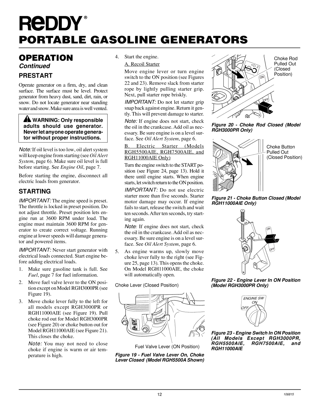 Desa Rgh3000, Rgh3000pr, Rgh5500a, Rgh5500aie, Rgh7500aie, And Rgh11000aie installation manual Prestart, Starting 