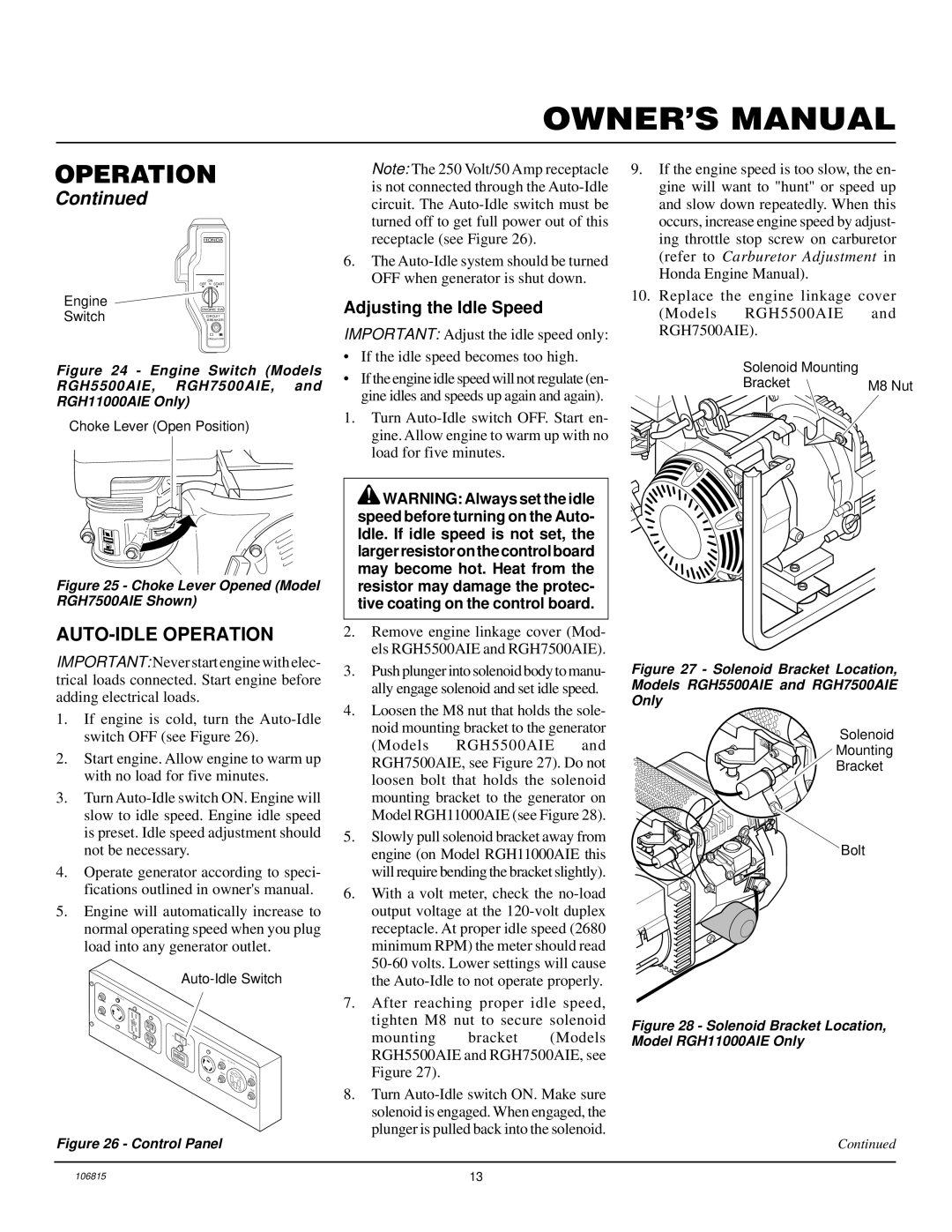 Desa Rgh3000, Rgh3000pr, Rgh5500a, Rgh5500aie, Rgh7500aie, And Rgh11000aie AUTO-IDLE Operation, Adjusting the Idle Speed 