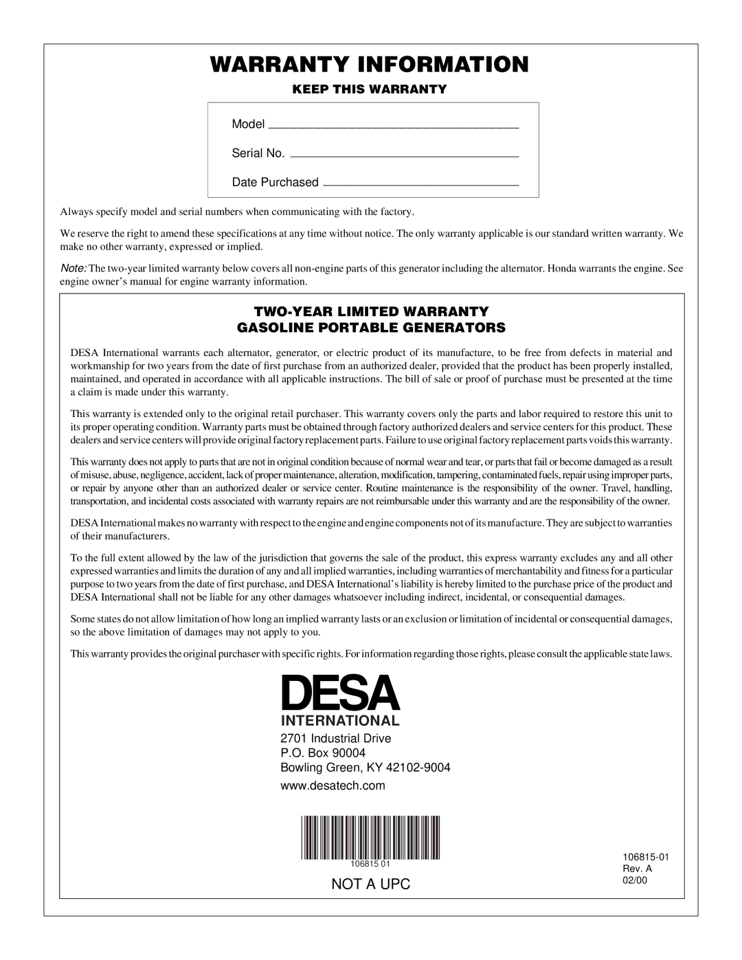 Desa Rgh3000, Rgh3000pr, Rgh5500a, Rgh5500aie, Rgh7500aie, And Rgh11000aie International, Keep this Warranty 