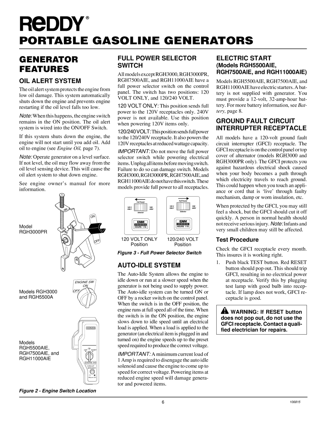 Desa Rgh3000, Rgh3000pr, Rgh5500a, Rgh5500aie, Rgh7500aie, And Rgh11000aie Generator Features, OIL Alert System 