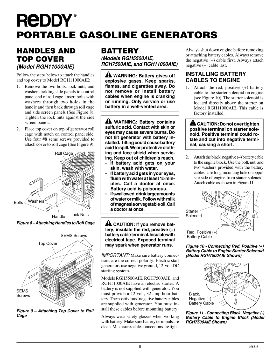 Desa Rgh3000, Rgh3000pr, Rgh5500a, Rgh5500aie, Rgh7500aie, And Rgh11000aie installation manual Handles TOP Cover, Battery 