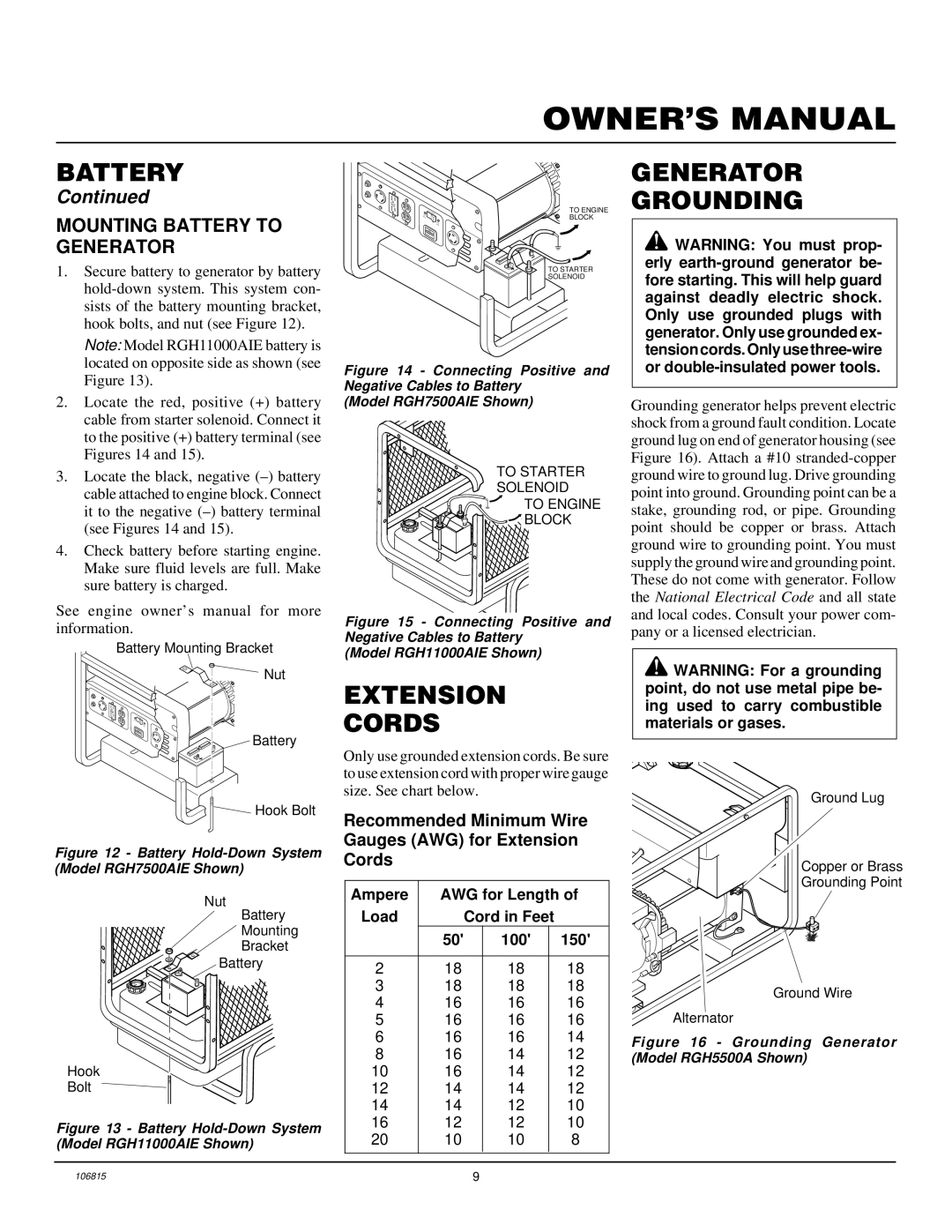 Desa Rgh3000, Rgh3000pr, Rgh5500a, Rgh5500aie, Rgh7500aie, And Rgh11000aie Extension Cords, Generator Grounding 