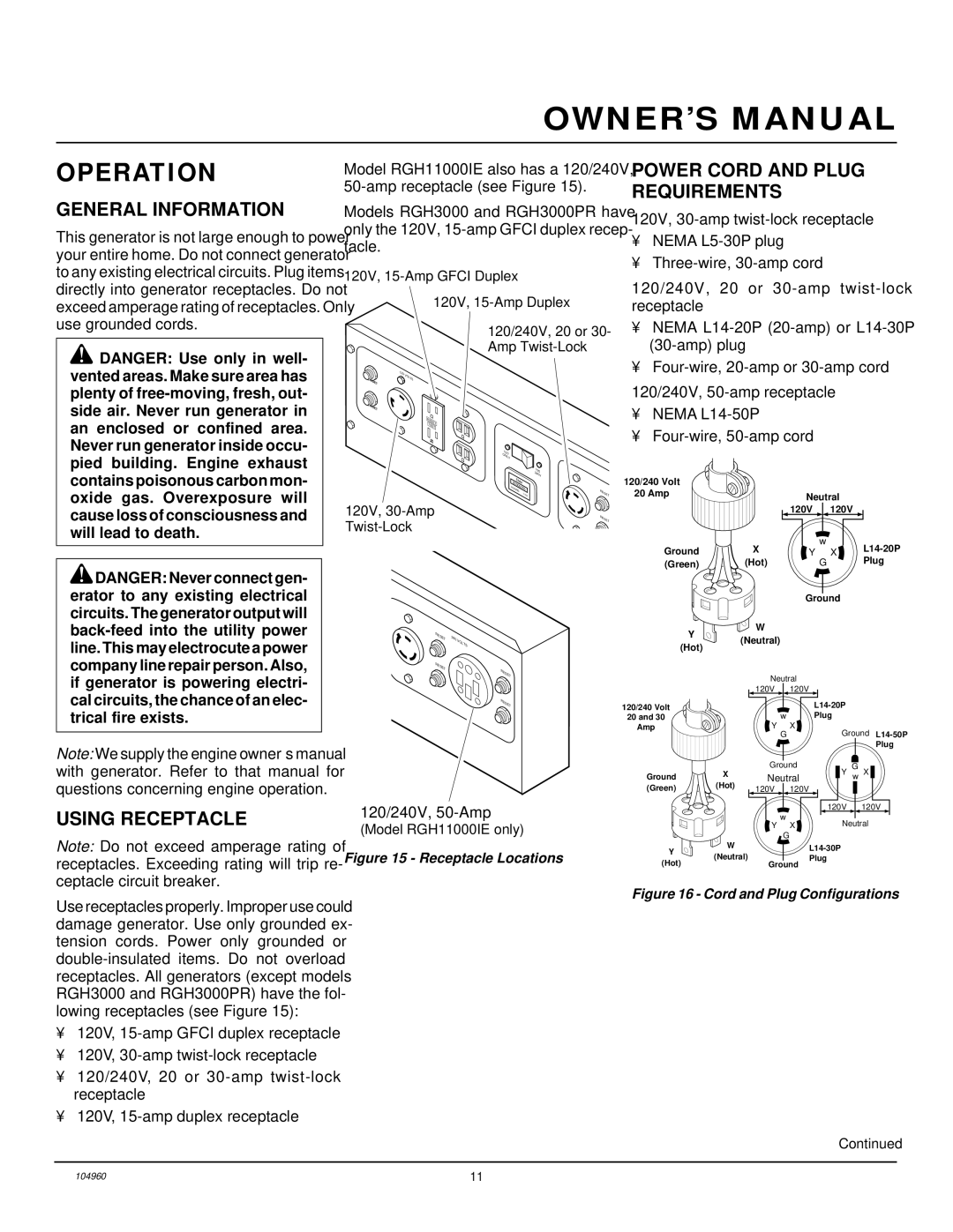 Desa Rgh3000, Rgh3000pr, Rgh5500, Rgh5500ie, Rgh7500ie, Rgh11000ie Operation, General Information, Using Receptacle 