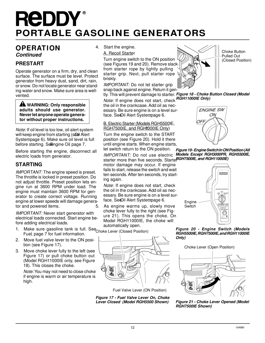 Desa Rgh3000, Rgh3000pr, Rgh5500a, Rgh5500aie, Rgh7500aie, Rgh11000aie Prestart, Starting, Engine SW OFF 