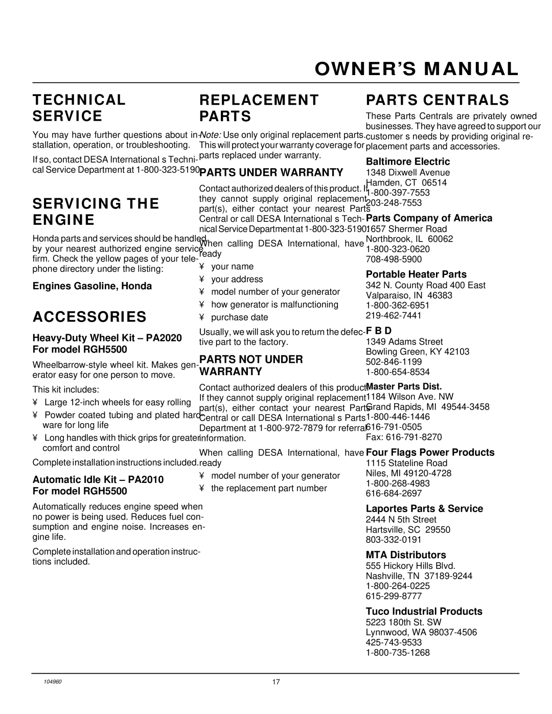 Desa Rgh3000, Rgh3000pr, Rgh5500, Rgh5500ie, Rgh7500ie, Rgh11000ie Technical Service, Servicing the Engine, Accessories 