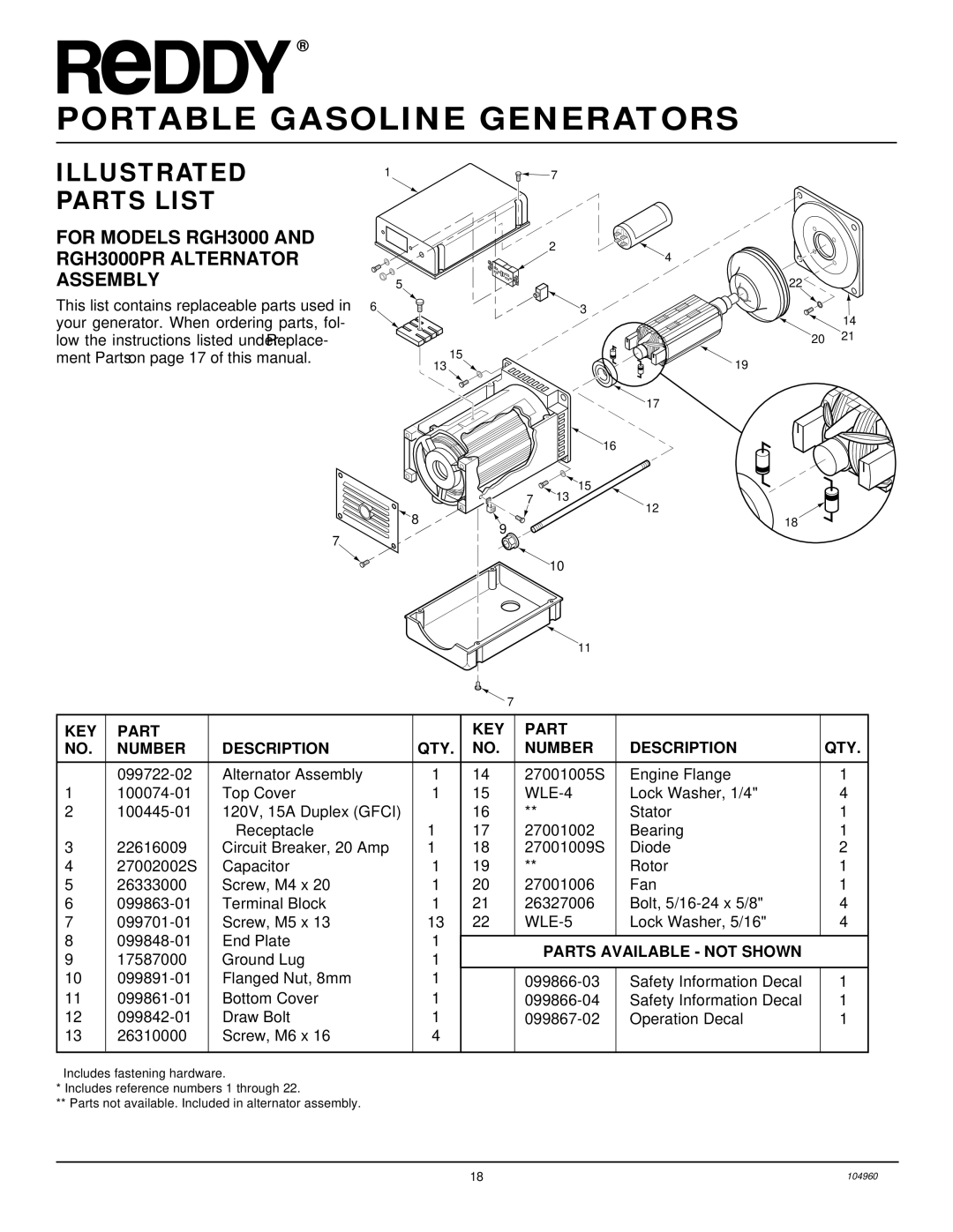 Desa Rgh3000, Rgh3000pr, Rgh5500a, Rgh5500aie, Rgh7500aie, Rgh11000aie Illustrated Parts List, Parts Available not Shown 