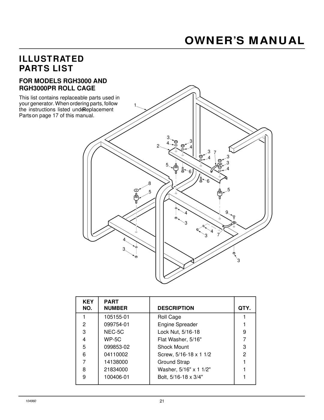 Desa Rgh3000, Rgh3000pr, Rgh5500, Rgh5500ie, Rgh7500ie, Rgh11000ie For Models RGH3000 and RGH3000PR Roll Cage, NEC-5C 