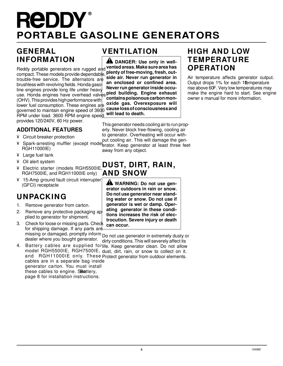 Desa Rgh3000, Rgh3000pr, Rgh5500a, Rgh5500aie, Rgh7500aie, Rgh11000aie General Information, Unpacking, Ventilation 