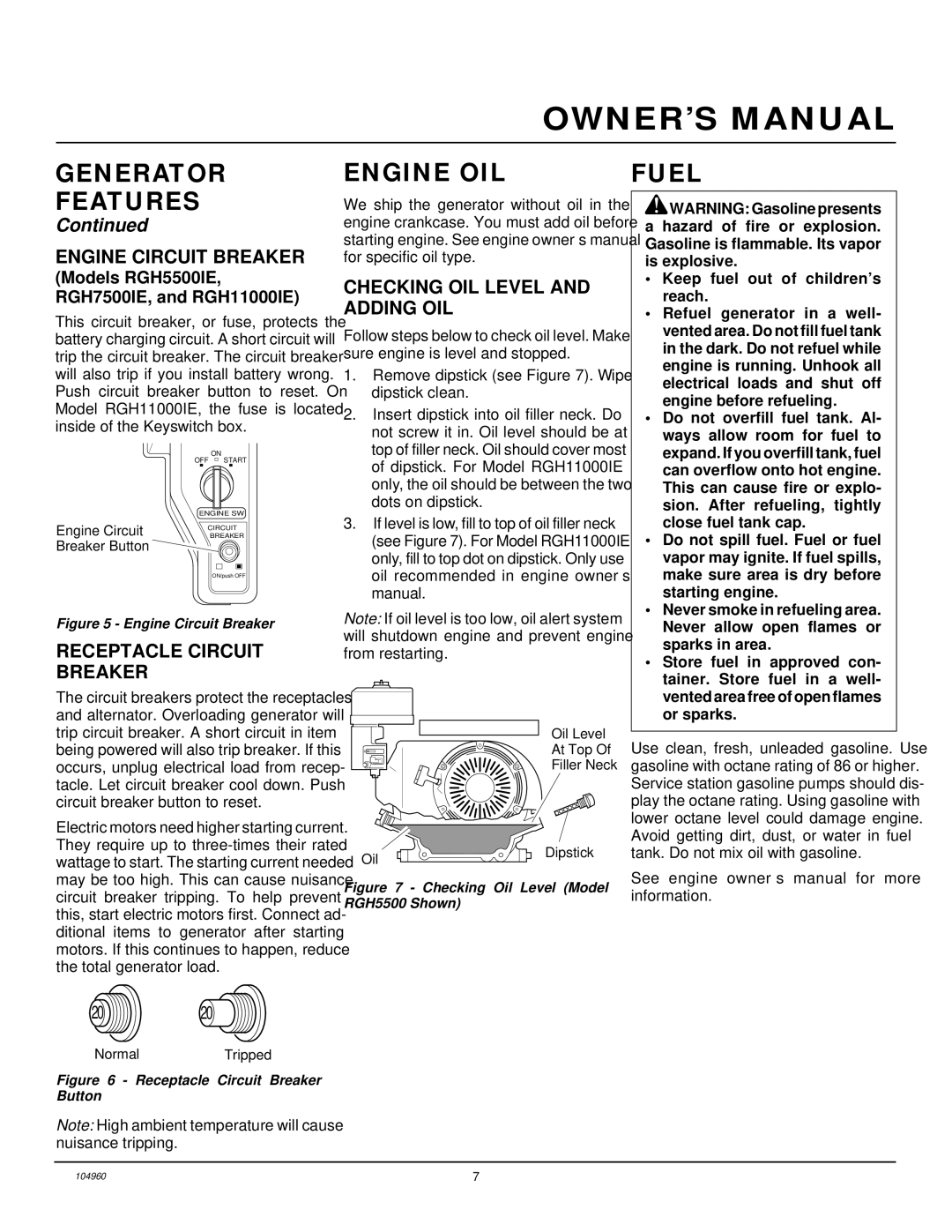 Desa Rgh3000, Rgh3000pr, Rgh5500, Rgh5500ie, Rgh7500ie, Rgh11000ie Engine OIL, Fuel, Engine Circuit Breaker 