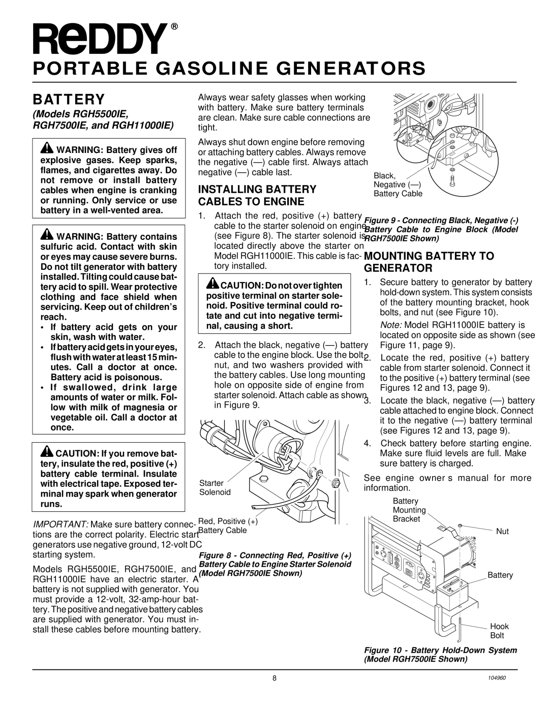 Desa Rgh3000, Rgh3000pr, Rgh5500a, Rgh5500aie, Rgh7500aie, Rgh11000aie Installing Battery Cables to Engine 