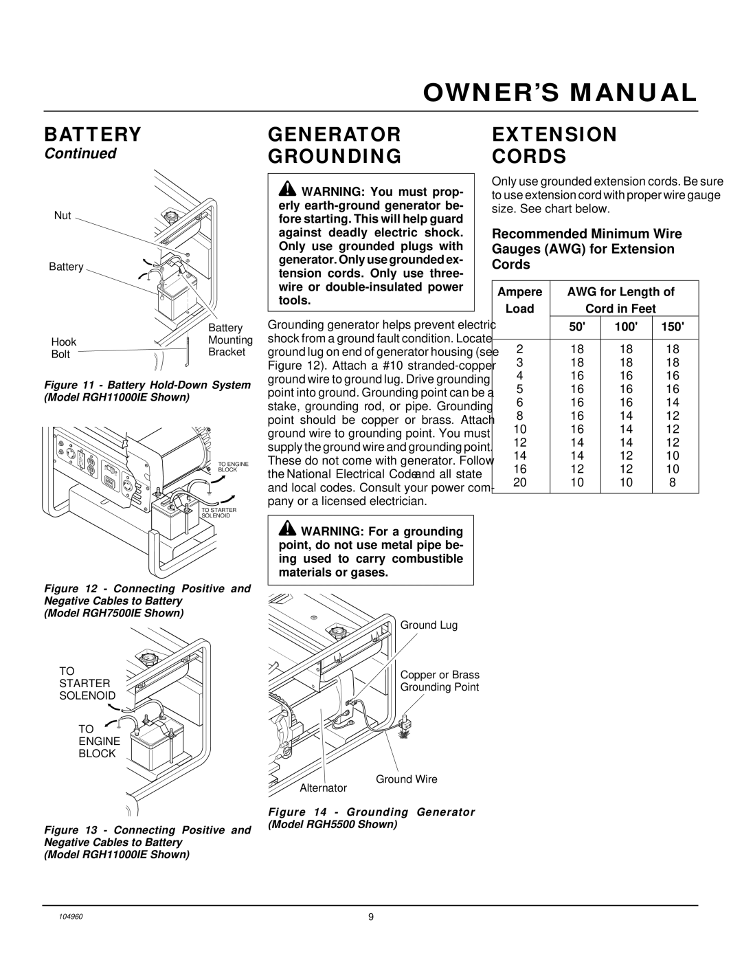 Desa Rgh3000, Rgh3000pr, Rgh5500, Rgh5500ie, Rgh7500ie, Rgh11000ie installation manual Generator Grounding, Extension Cords 