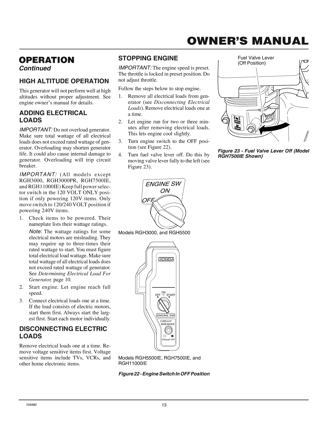 Desa RGH5500IE, RGH3000PR High Altitude Operation Adding Electrical Loads, Disconnecting Electric Loads, Stopping Engine 