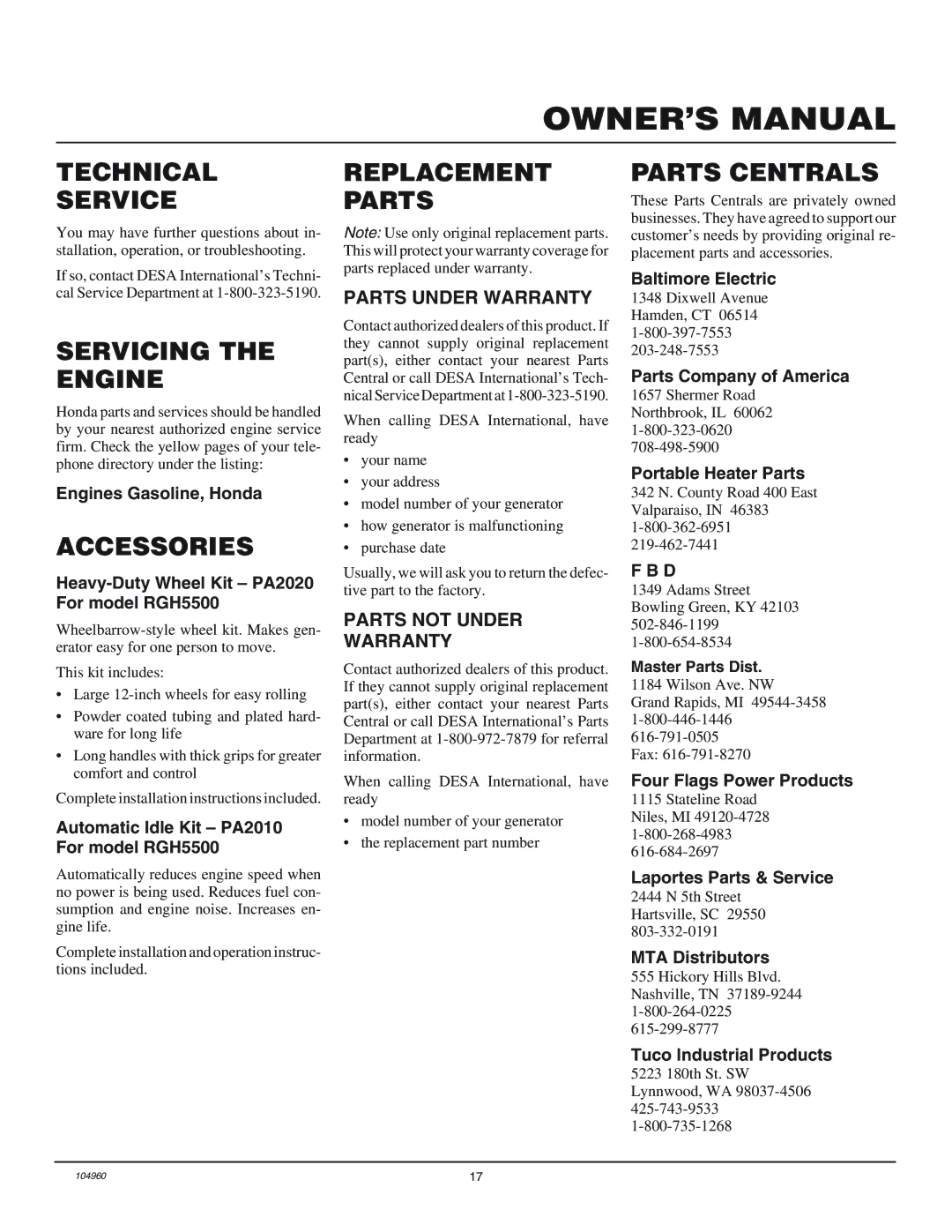 Desa RGH5500IE, RGH3000PR Technical Service, Servicing the Engine, Accessories, Replacement Parts, Parts Centrals 