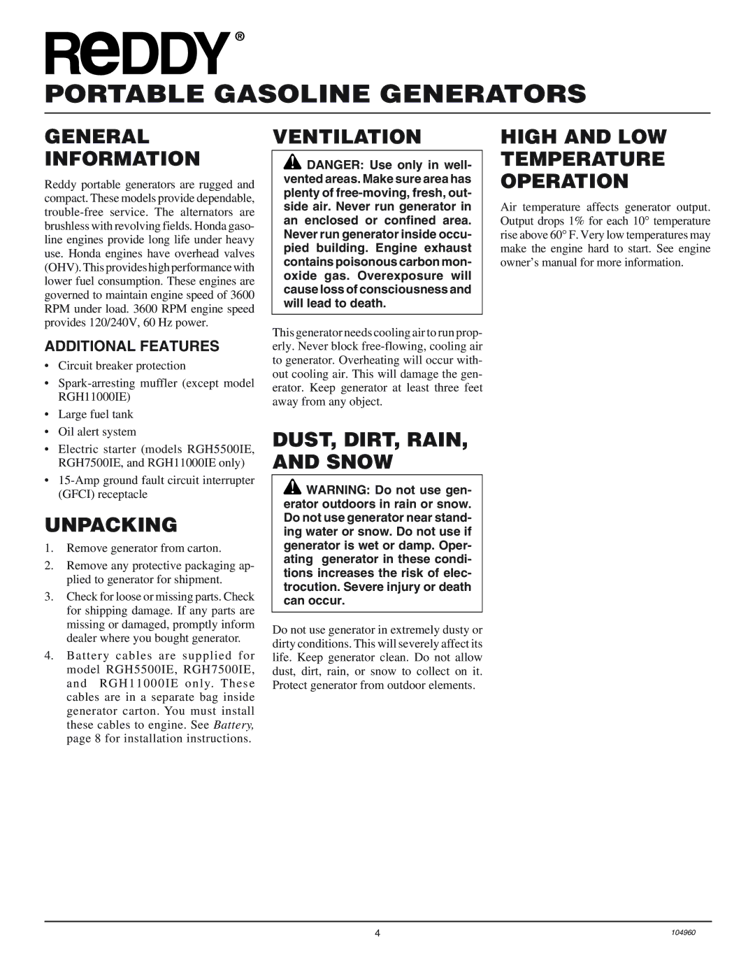 Desa RGH5500 General Information, Unpacking, Ventilation, DUST, DIRT, Rain Snow, High and LOW Temperature Operation 