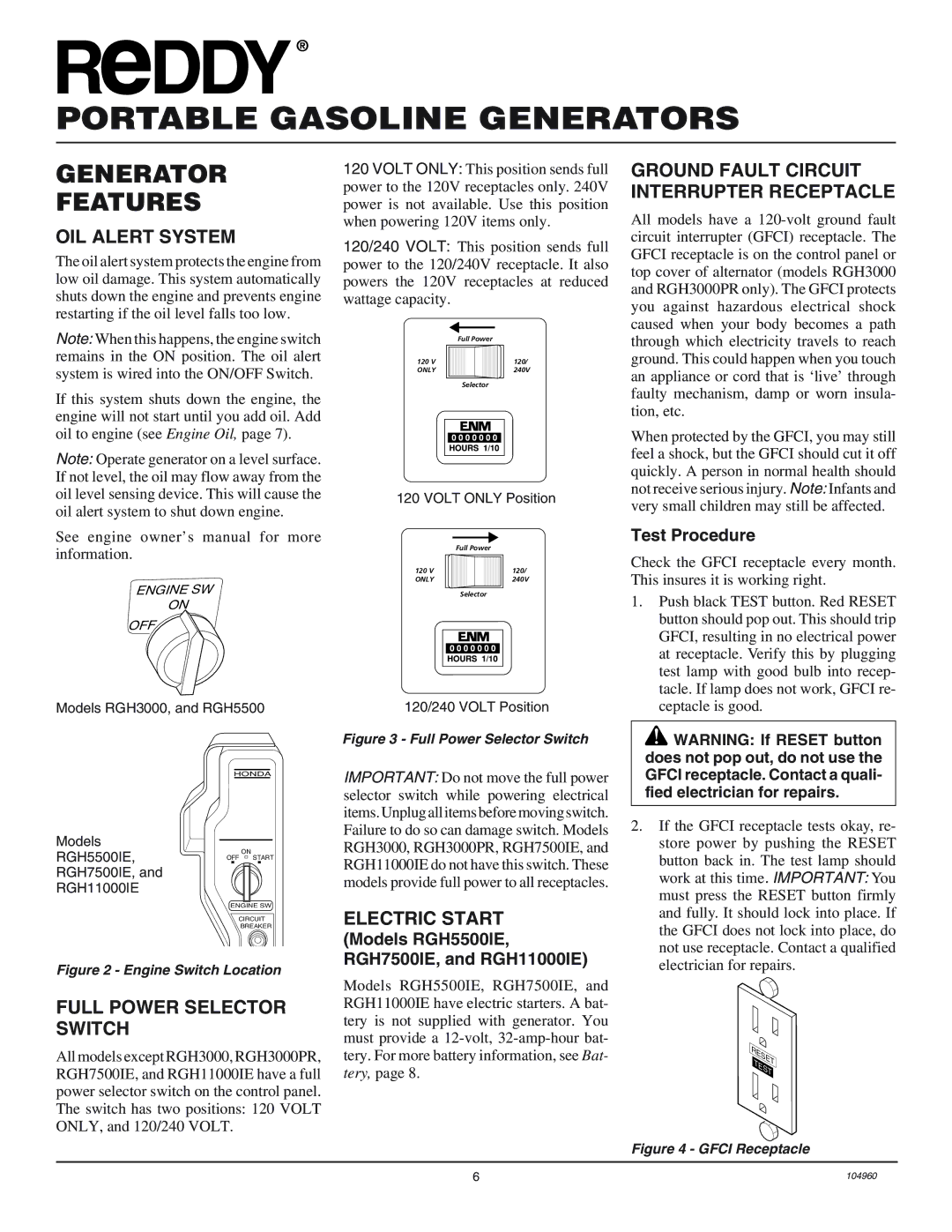 Desa RGH3000PR, RGH5500IE Generator Features, OIL Alert System, Full Power Selector Switch, Electric Start 