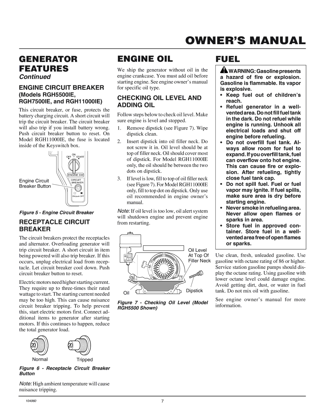 Desa RGH3000 Engine OIL, Fuel, Engine Circuit Breaker, Receptacle Circuit Breaker, Checking OIL Level and Adding OIL 