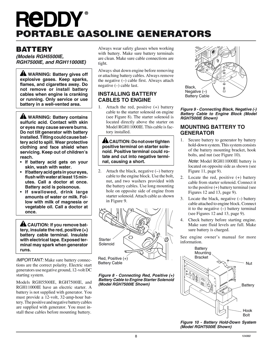 Desa RGH5500IE, RGH3000PR installation manual Installing Battery Cables to Engine, Mounting Battery to Generator 