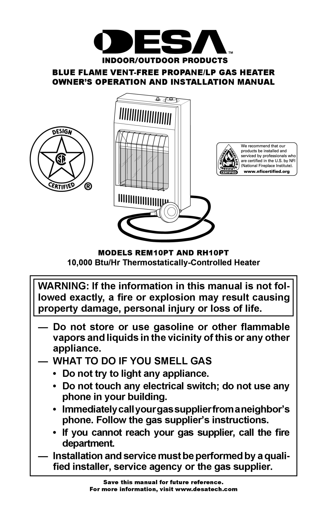 Desa RH10PT installation manual What to do if YOU Smell GAS 