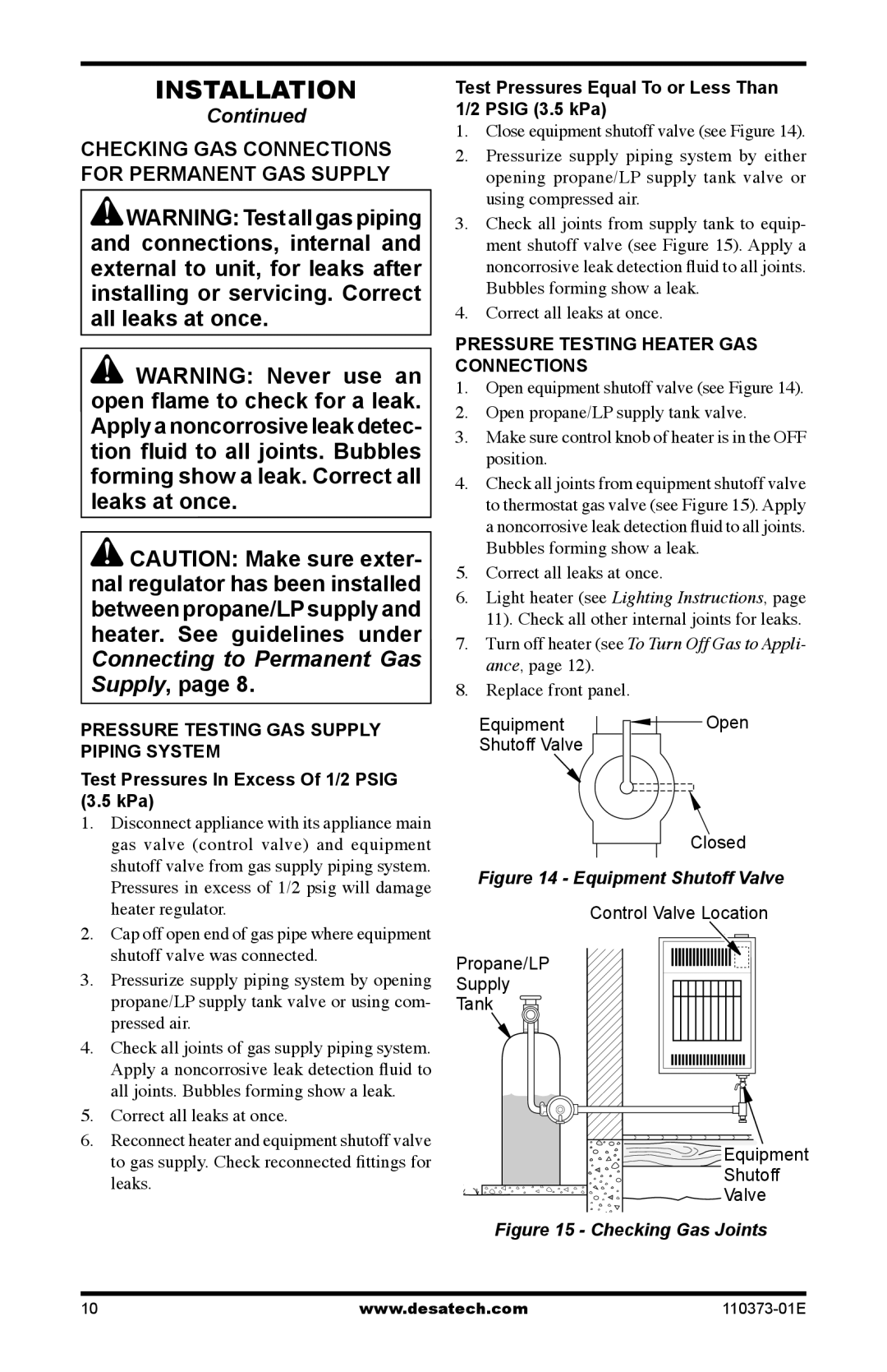 Desa RH10PT Checking GAS Connections for Permanent GAS Supply, Test Pressures In Excess Of 1/2 Psig 3.5 kPa 