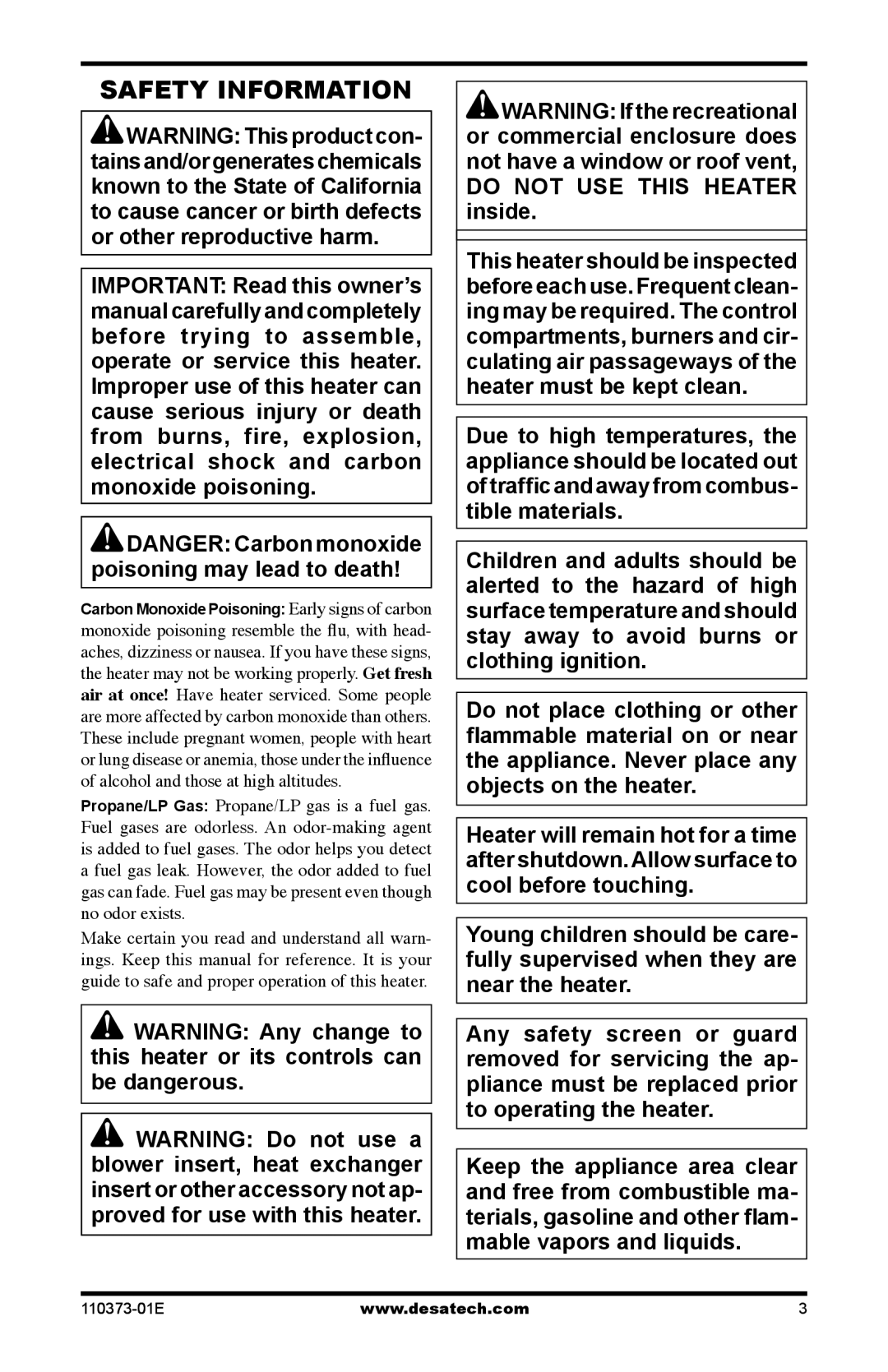 Desa RH10PT installation manual Safety Information, Do not USE this Heater inside 