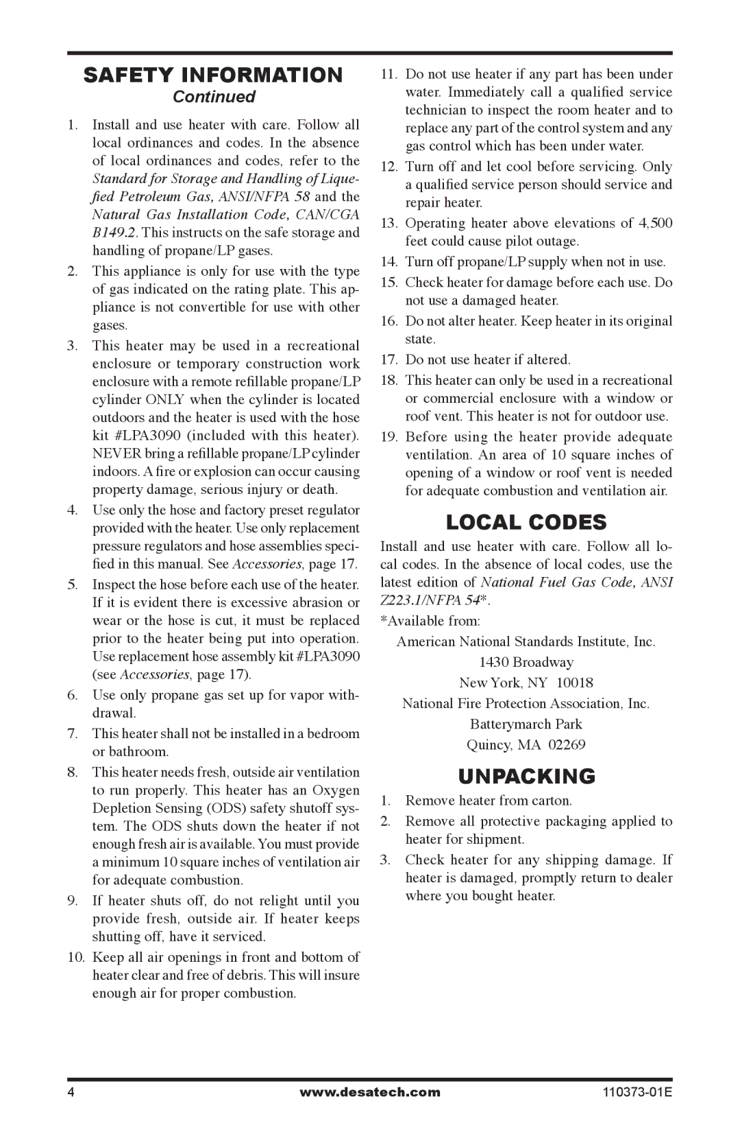 Desa RH10PT installation manual Local Codes, Unpacking 