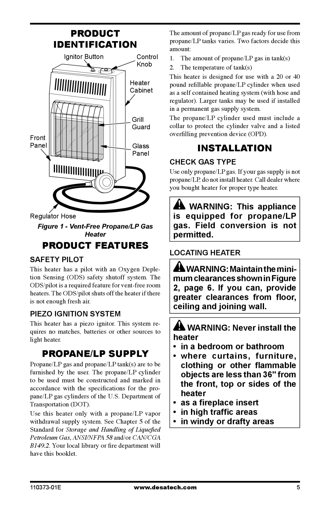 Desa RH10PT installation manual Product Identification, Product Features, PROPANE/LP Supply, Installation 