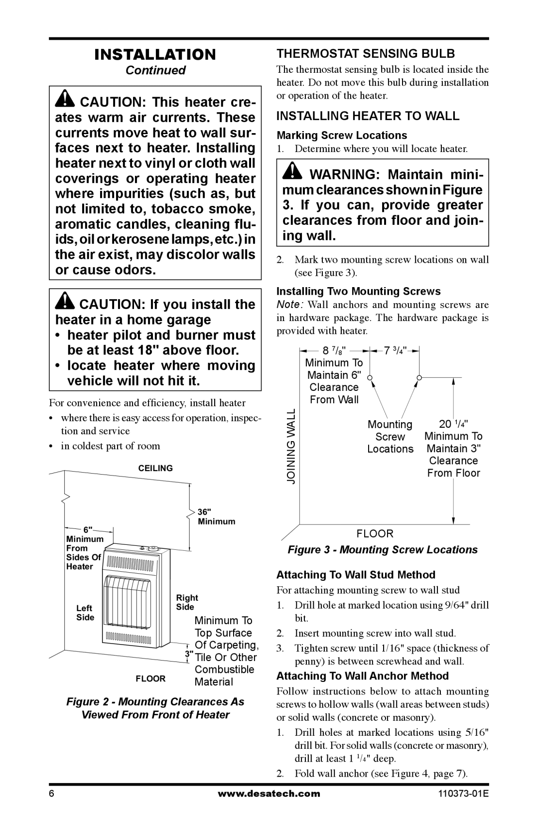 Desa RH10PT installation manual Thermostat Sensing Bulb, Installing Heater to Wall 