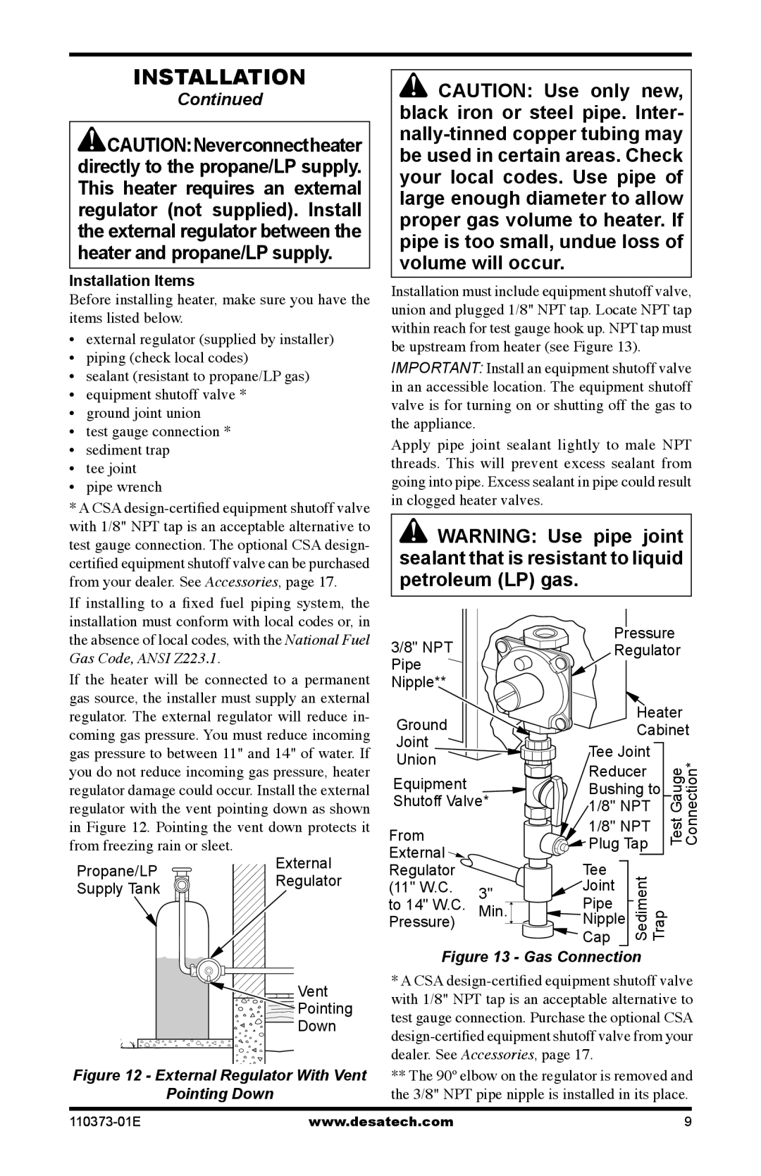 Desa RH10PT Installation Items, From your dealer. See Accessories, If installing to a ﬁxed fuel piping system 