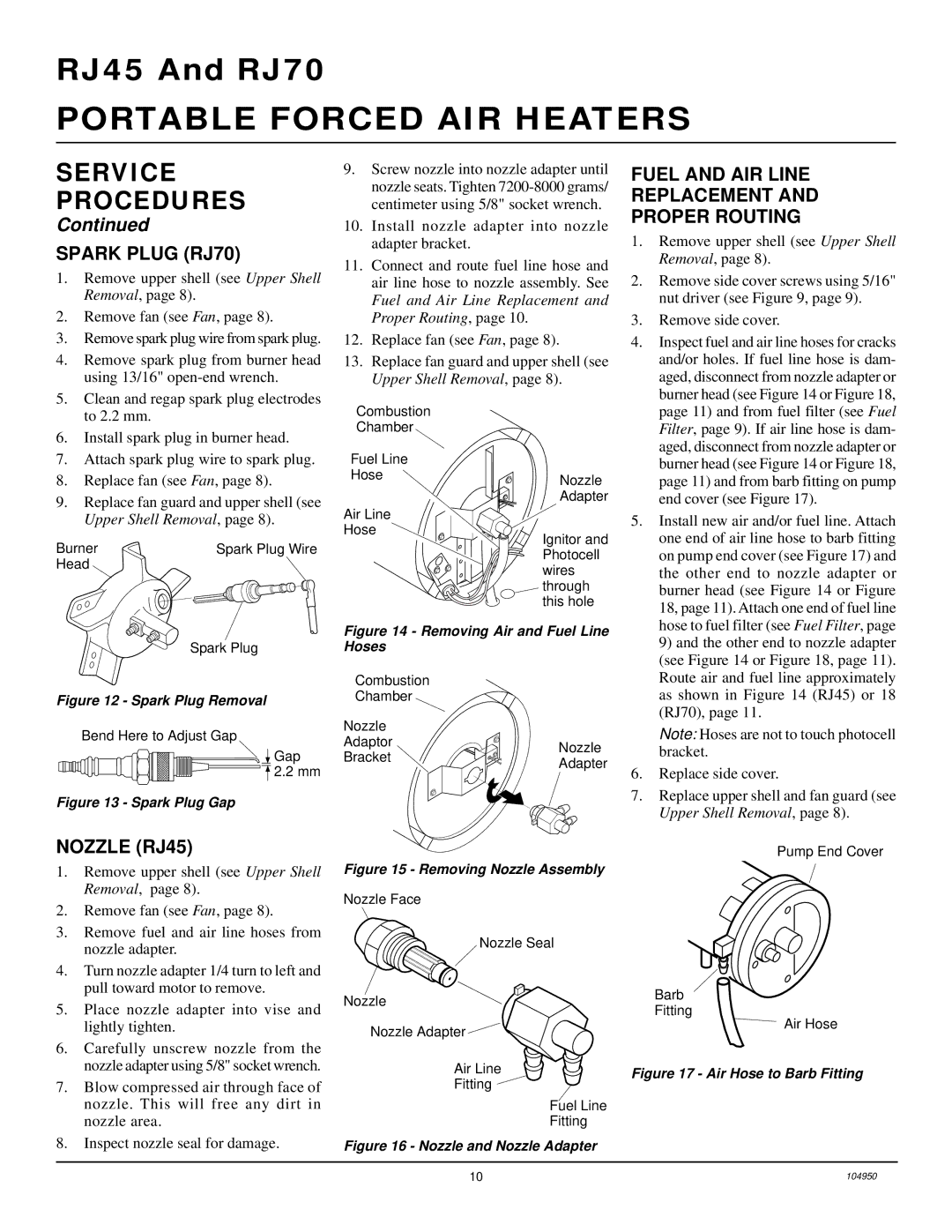 Desa owner manual Spark Plug RJ70, Fuel and AIR Line Replacement Proper Routing, Nozzle RJ45 