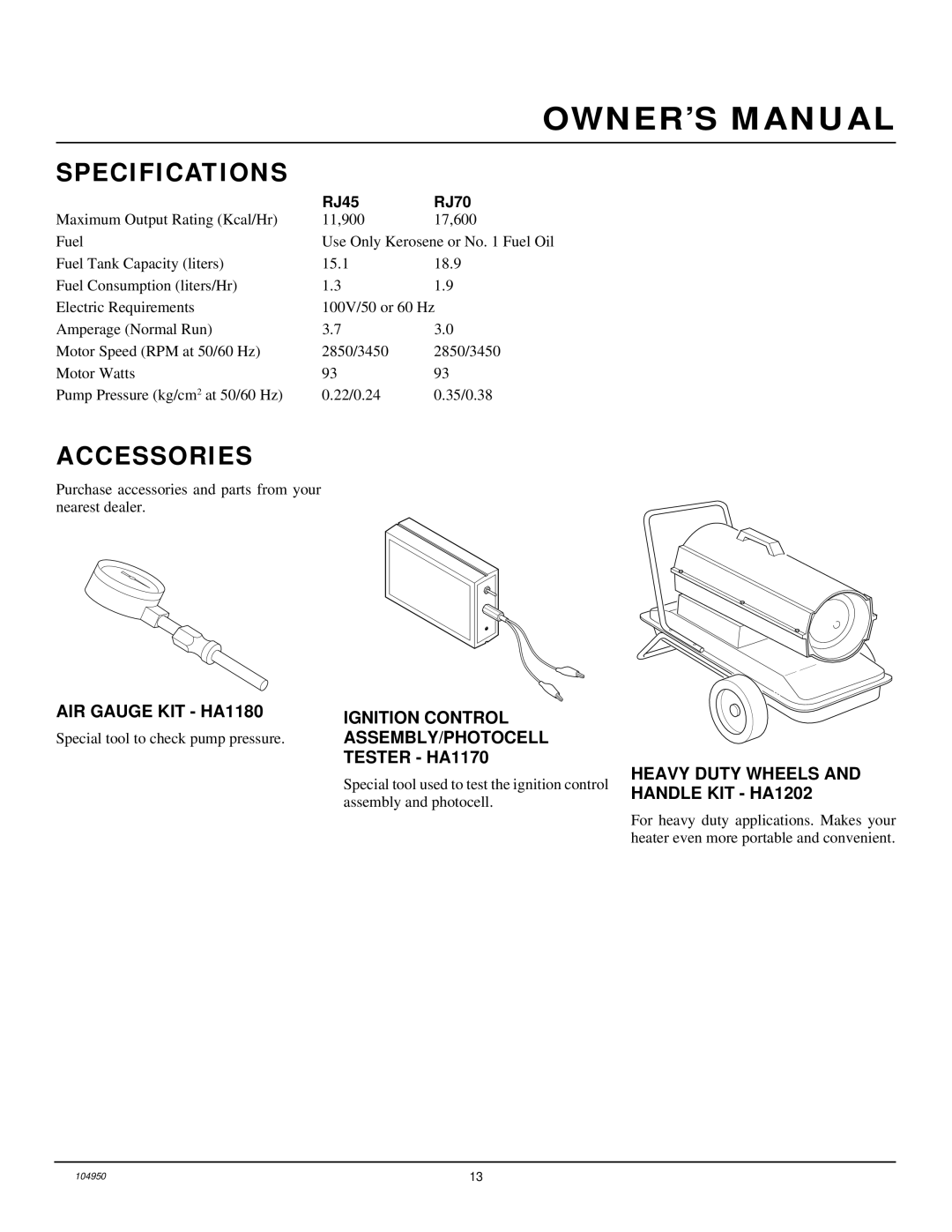 Desa RJ70, RJ45 owner manual Specifications, Accessories 