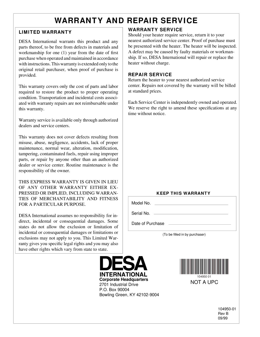 Desa RJ45, RJ70 owner manual Warranty and Repair Service 