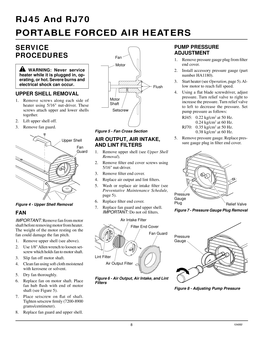 Desa RJ45 Service Procedures, Upper Shell Removal, Fan, AIR OUTPUT, AIR INTAKE, and Lint Filters, Pump Pressure Adjustment 