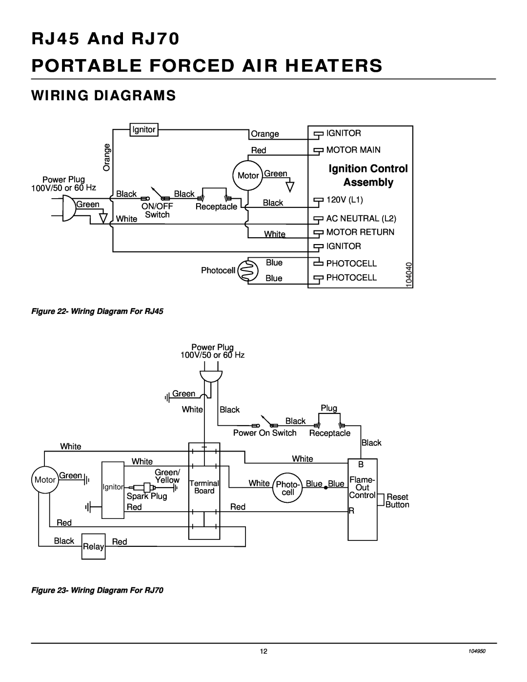 Desa owner manual Wiring Diagrams, Ignition Control Assembly, Portable Forced Air Heaters, RJ45 And RJ70 