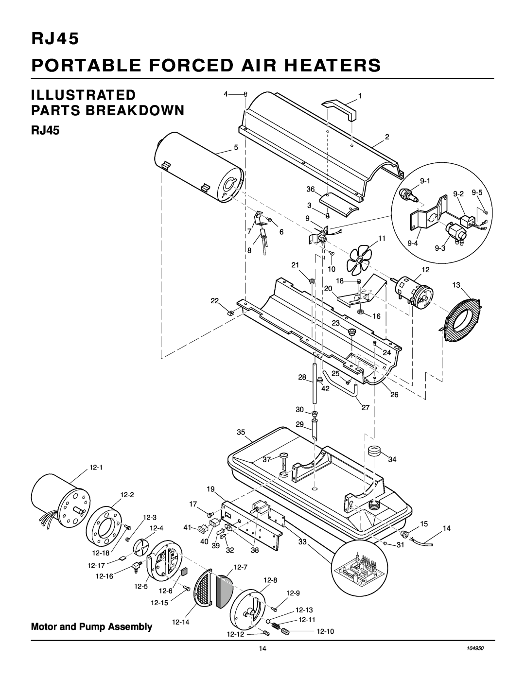 Desa RJ45, RJ70 owner manual Illustrated Parts Breakdown, Motor and Pump Assembly, Portable Forced Air Heaters 