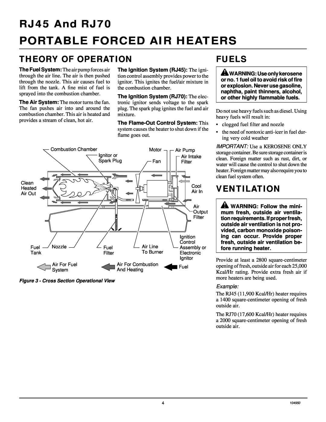 Desa owner manual Theory Of Operation, Fuels, Ventilation, Portable Forced Air Heaters, RJ45 And RJ70 