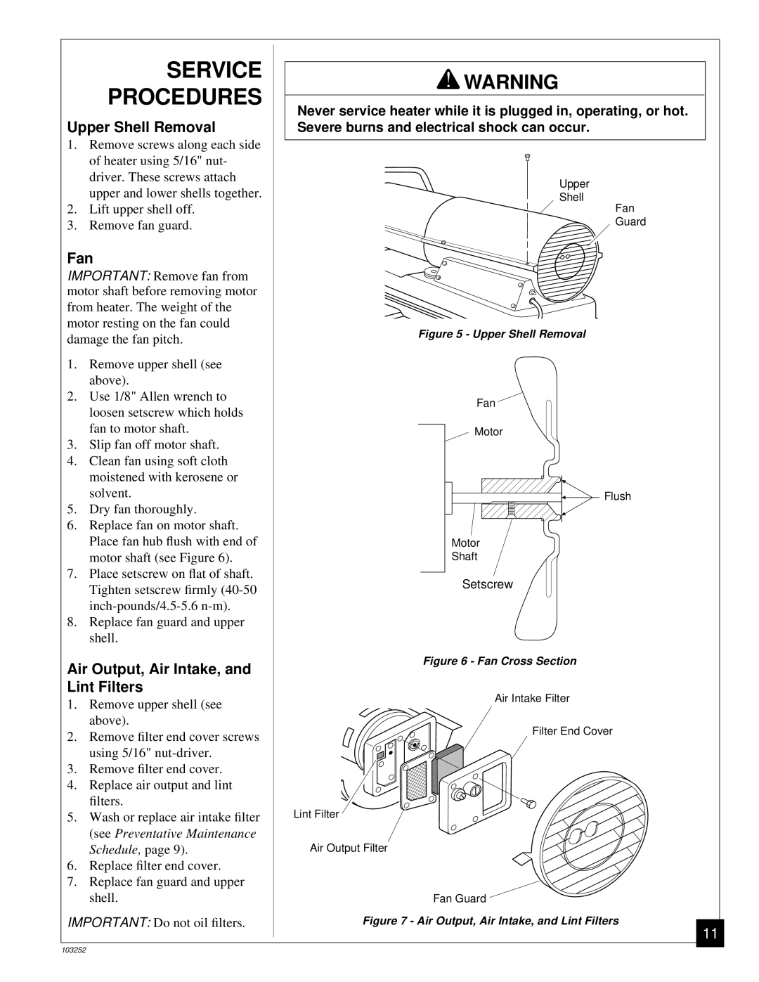 Desa RK150 owner manual Service Procedures, Upper Shell Removal, Fan, Air Output, Air Intake, and Lint Filters 