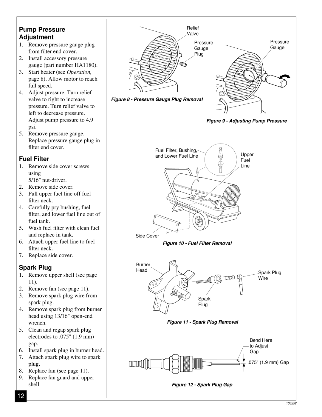 Desa RK150 owner manual Pump Pressure, Adjustment, Fuel Filter, Spark Plug 