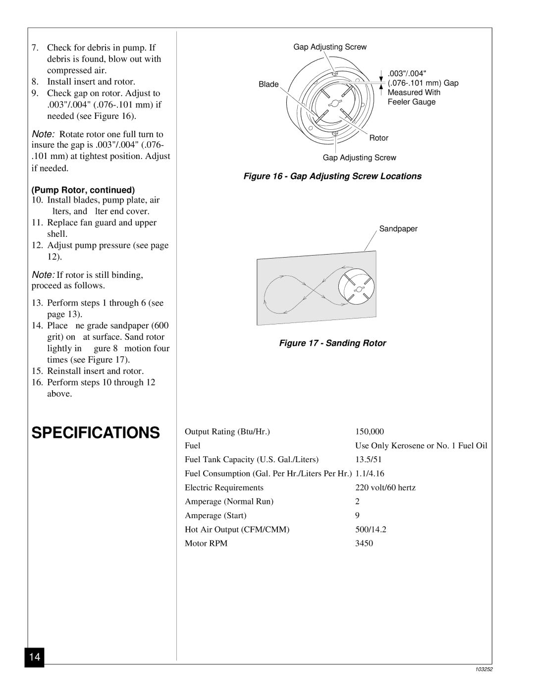 Desa RK150 owner manual Specifications, Install insert and rotor 