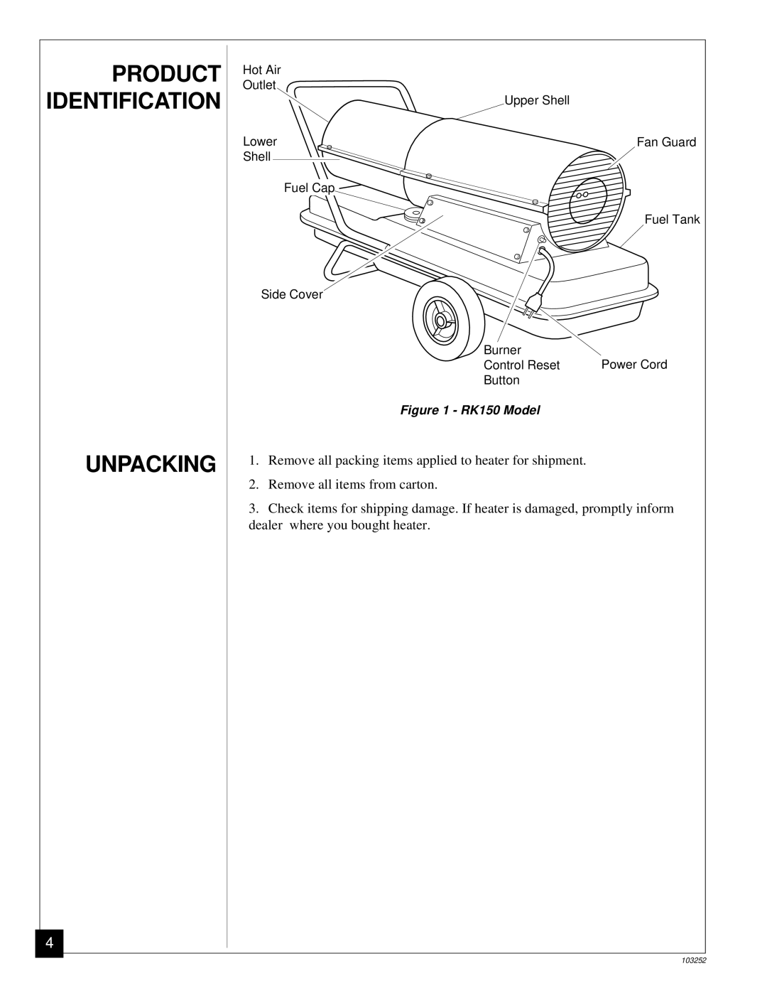 Desa owner manual Unpacking, RK150 Model 