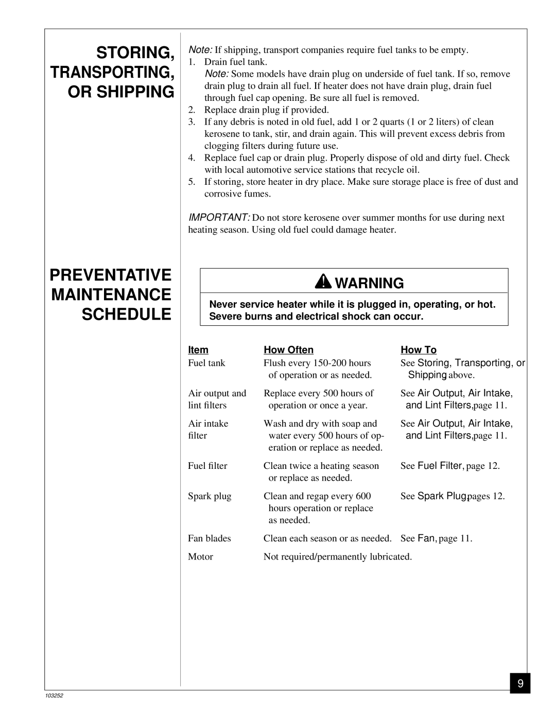 Desa RK150 owner manual Storing, Preventative Maintenance Schedule 