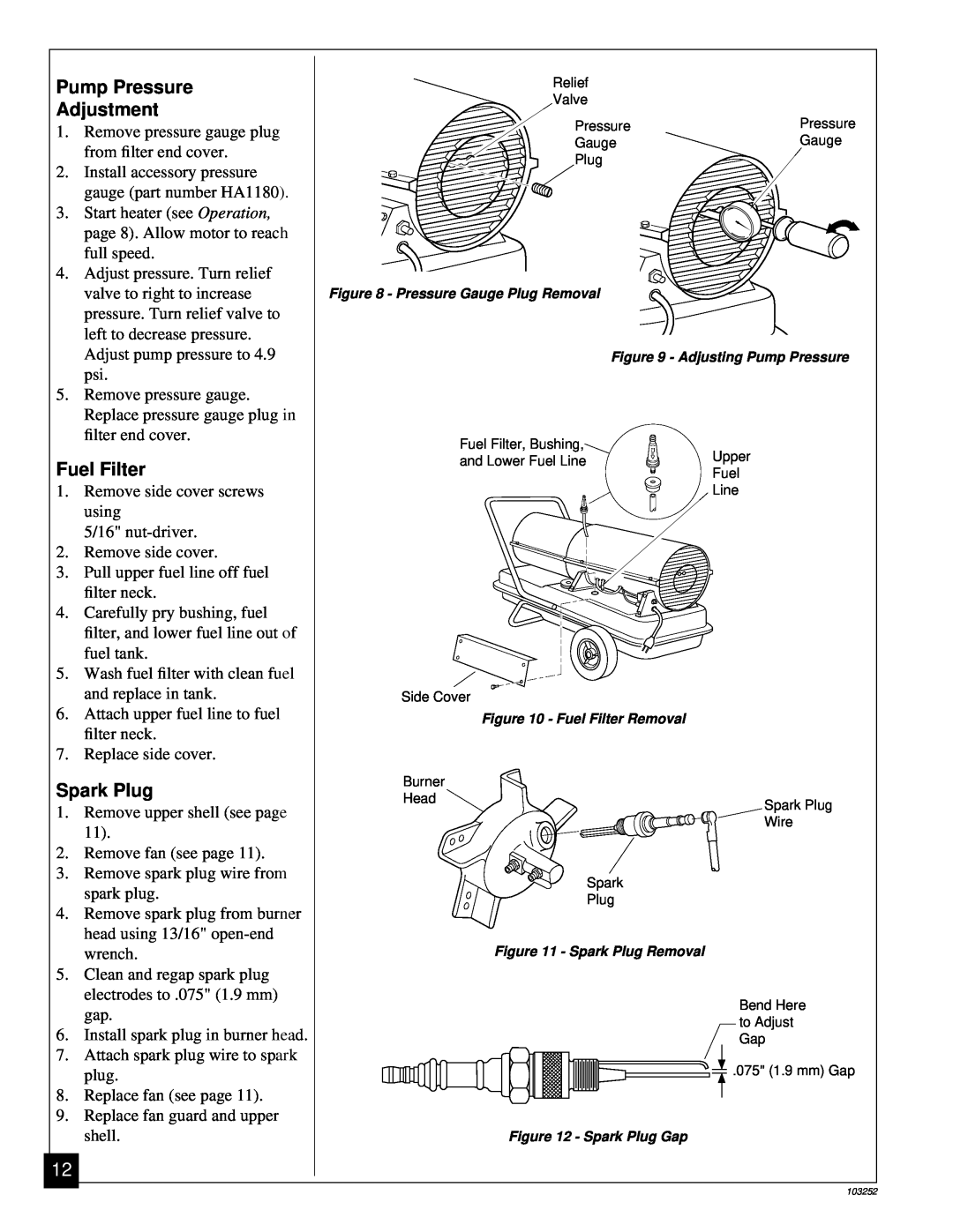 Desa RK150 owner manual Pump Pressure, Adjustment, Fuel Filter, Spark Plug, shell 