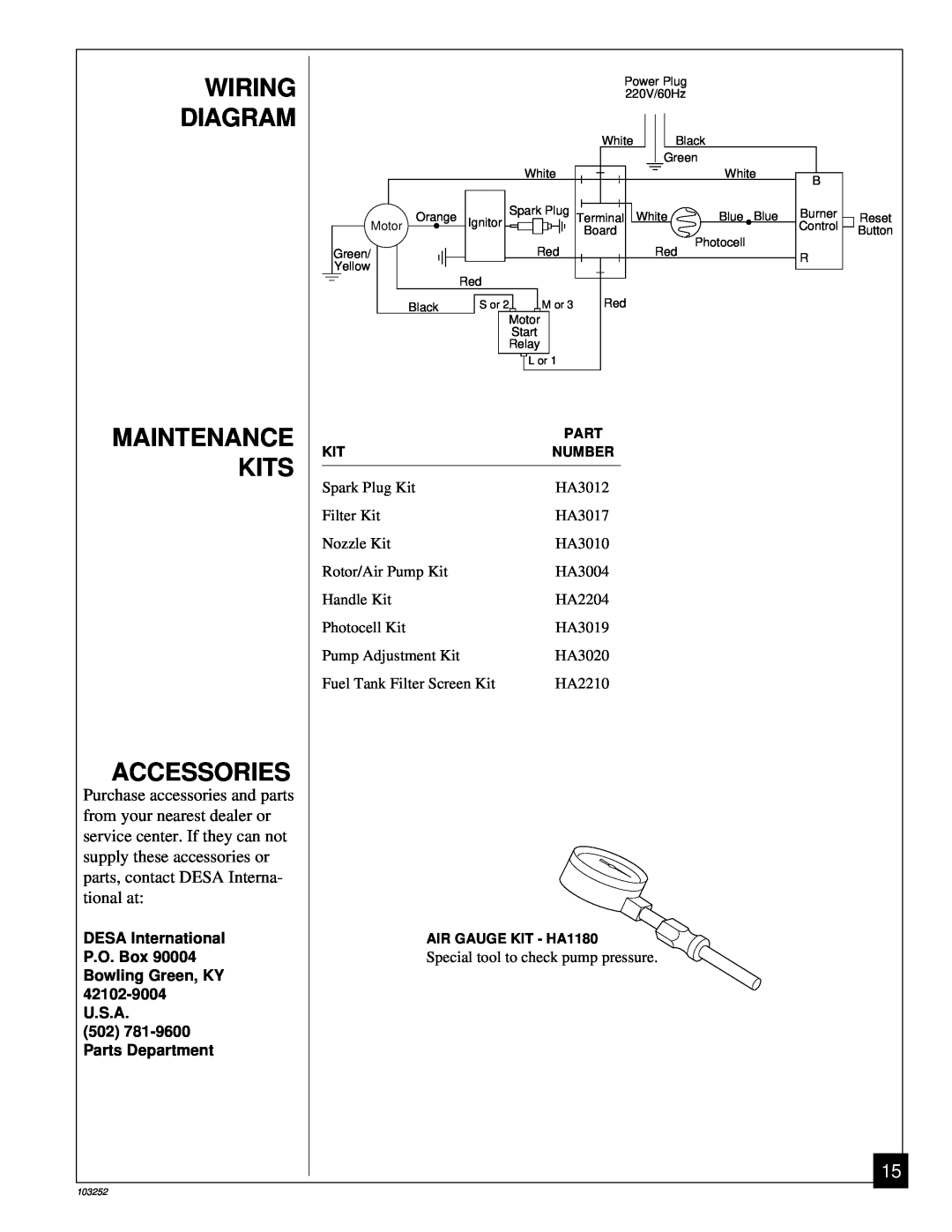 Desa RK150 owner manual Wiring Diagram Maintenance Kits Accessories, 502781-9600Parts Department 
