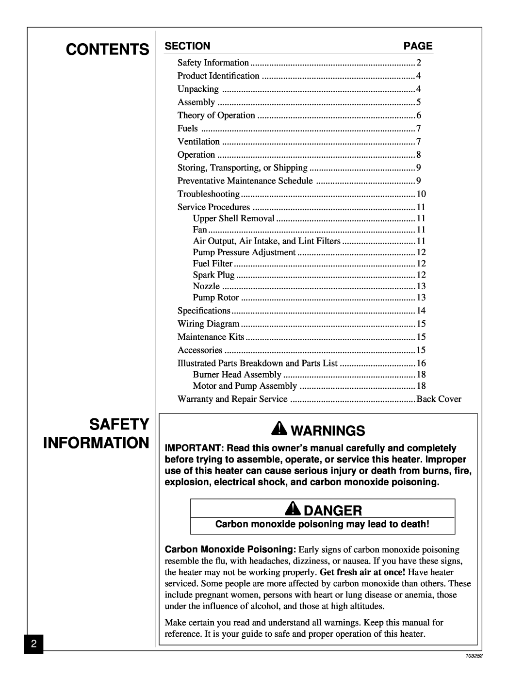 Desa RK150 Contents, Safety Information, Warnings, Danger, Section, Page, Carbon monoxide poisoning may lead to death 